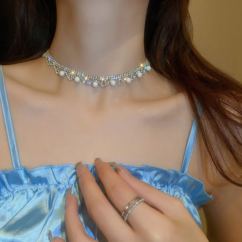

FYUAN Crystal Choker Necklaces for Women Korean Style Rhinestones Pearl Necklaces Statement Jewelry Party Gifts
