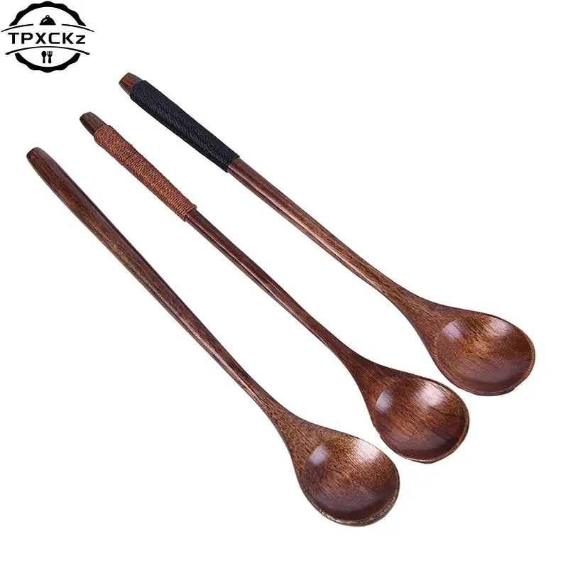 

1pc Long Spoons Wooden Natural Round Cooking Spoons for Eating Soup Cooking Mixing Stirring Korean Style Kitchen Utensil