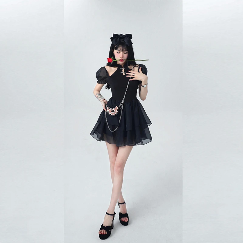 

2022 Black Fashion Gothic Streetwear Design Fishbone Skirt Dress Lolita Cosplay Costumes Sexy Puff Short Sleeves Clothing