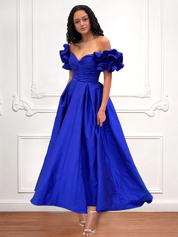 

Элегантное вечернее платье для женщин, синие плиссированные Бальные платья трапециевидной формы с открытыми плечами и оборками, наряд для коктейльного мероприятия