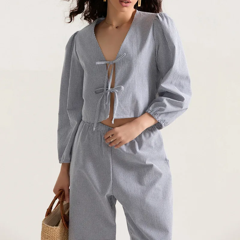 WPNAKS Damskie 2-częściowe zestawy spodni Wiosna Jesień Odzież w kratę V Szyja Wiązanie z przodu Długi rękaw Topy Elastyczne spodnie talii