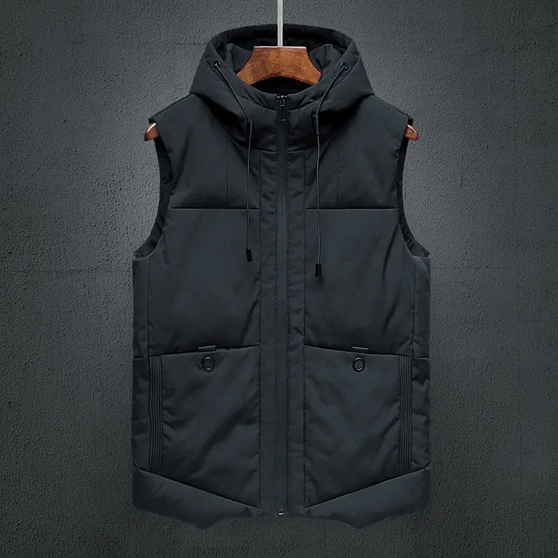 

2023 Men Vest Jacket Hooded Autumn Winter Cotton Coats Padded Sleeveless Jacket Male Work Waistcoat Streetwear Clothing Y14