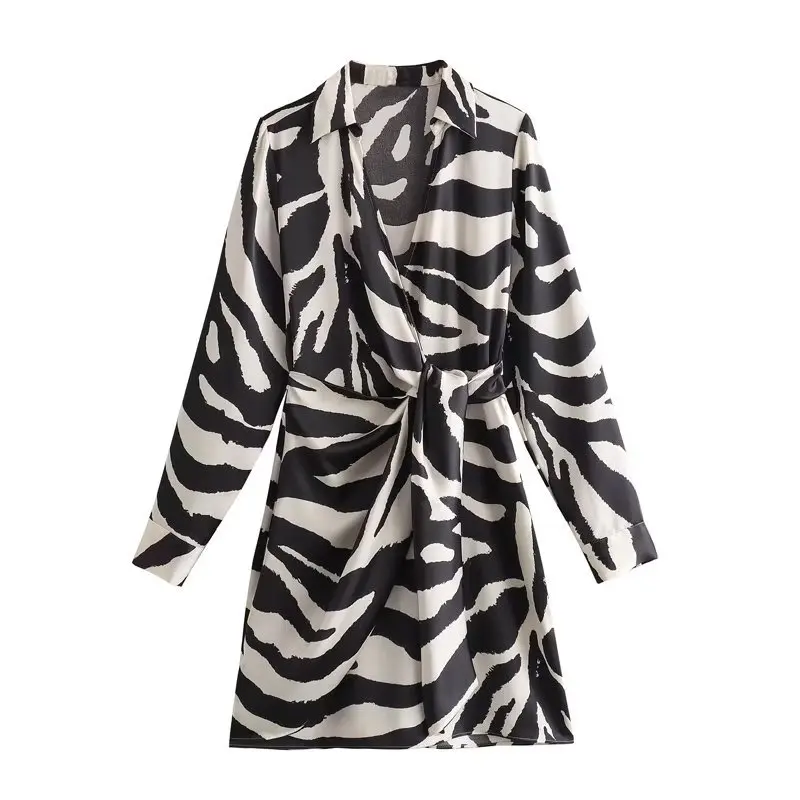 

TRAF 2023 Women Vintage Zebra Striped Print Side Knotted Slim Mini Dress Female Chic Zipper Fly Kimono Party Vestidos