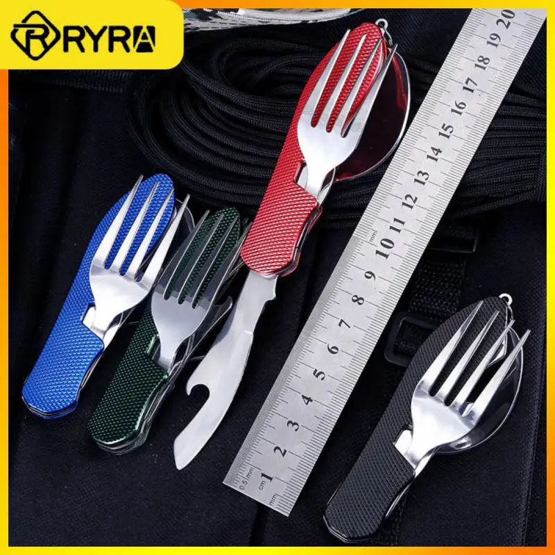 

Portable 4 In 1 Eating Flatware Tableware Camping Utensils Foldable Knife Fork Stainless Steel Travel Utensil Multifunction