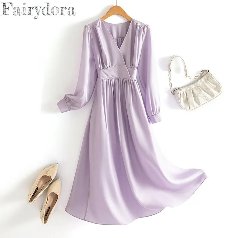 Elegant Pure Silk Dress for Women Sexy V-Neck Silm Waist Purple Dresses 100% Nature Mulberry Silk Bodycon Midi Dress