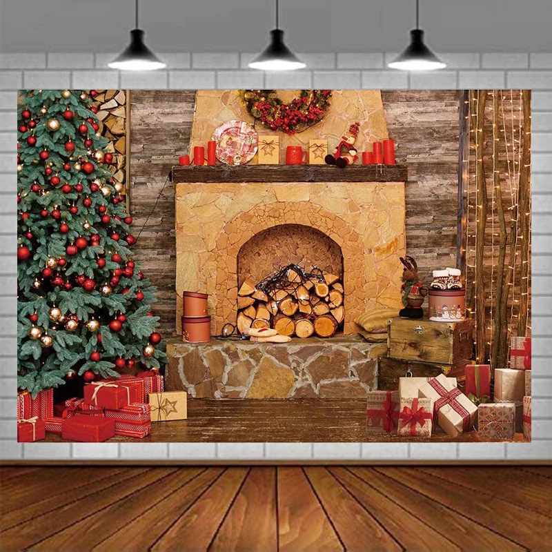 

Рождественский камин Тема Фотография фон деревенская деревянная стена Рождественская елка подарки Декор Фон семейный праздник новогодвеч...