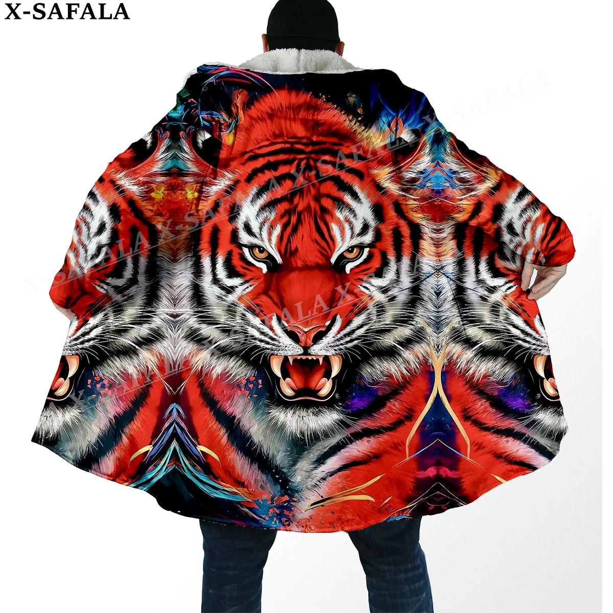Mythology Tiger The King Spirit Thick Warm Hooded Cloak Men Overcoat Coat Windproof Fleece Cape Robe Blanket-65