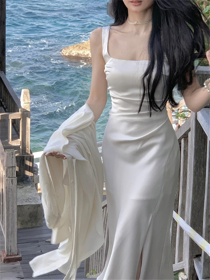 

Fashi Dress Women Elegant Summer Folds Fashion Evening Party Lady Vestido Vintage Spring Female Clothing Solid Satin Dresses