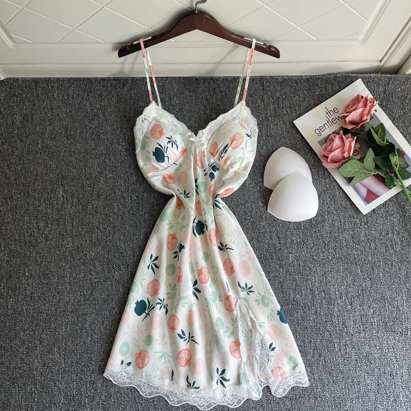 

FZSLCYIYI V-Neck Nightgown Lace Trim Sleepwear Lady Printed Satin Nightdress Sexy Spaghetti Strap Sleepdress Summer Nightwear