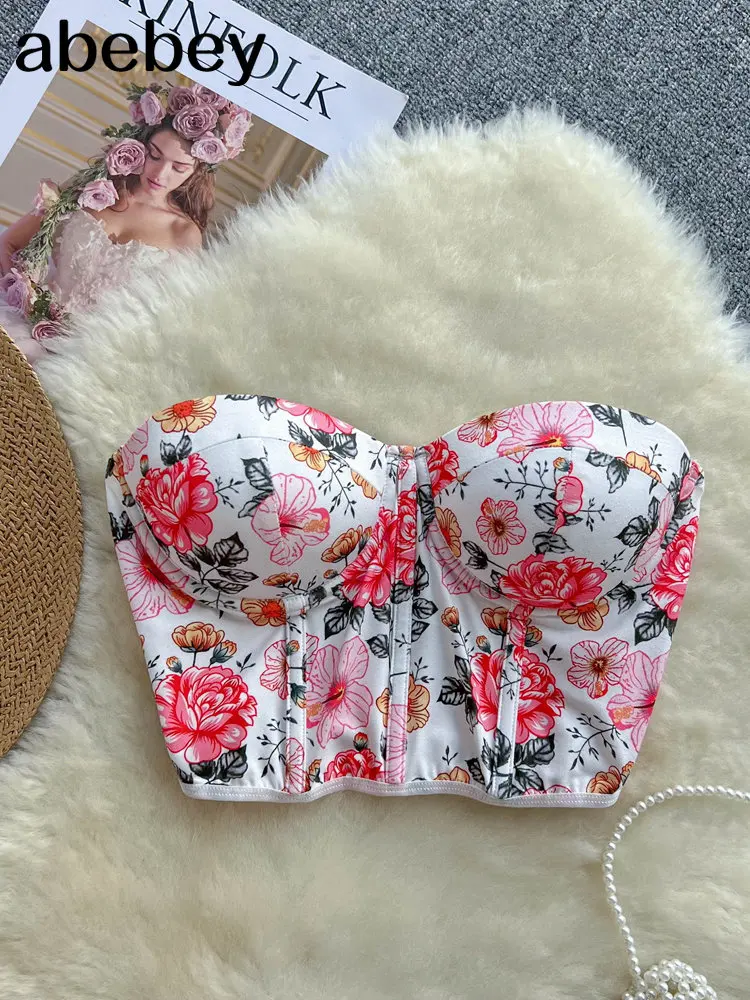 

Женский топ без бретелек с открытой спиной и цветочным принтом, Элегантный Модный укороченный топ с эластичным поясом в пляжном стиле, 2023