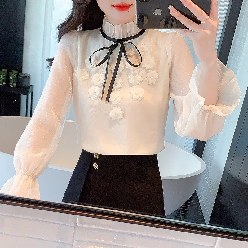 Женская шифоновая блузка с цветочным принтом и длинным рукавом на шнуровке