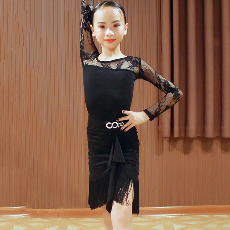 Женское кружевное платье для латиноамериканских танцев черное боди с юбкой
