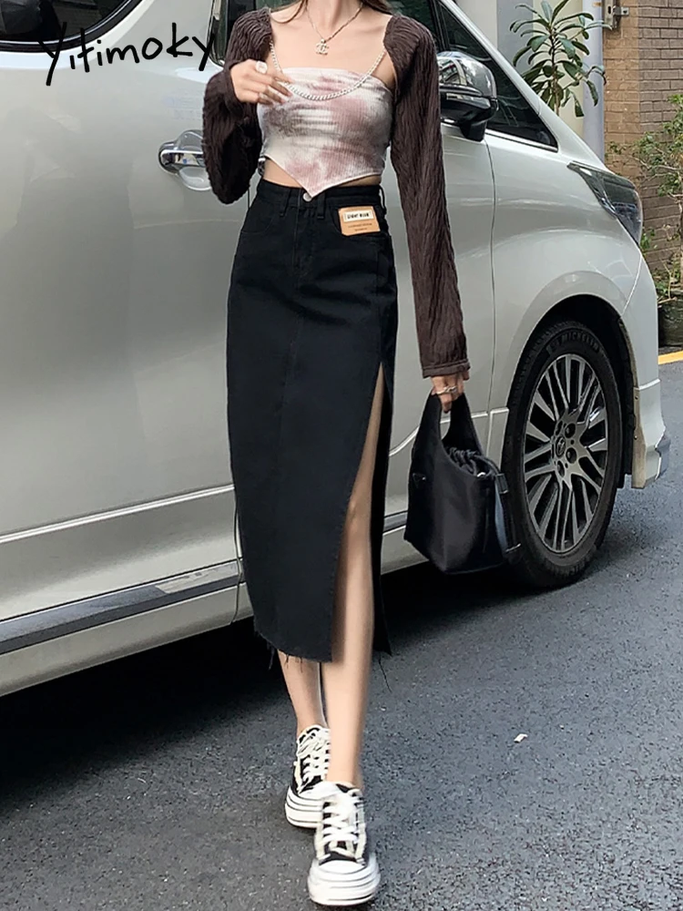 

Yitimoky 2022 New Women Long Denim Skirts Girls Black Grey Blue High Waist Pockets Split Jeans Straight Side Slit Ladies Skirts