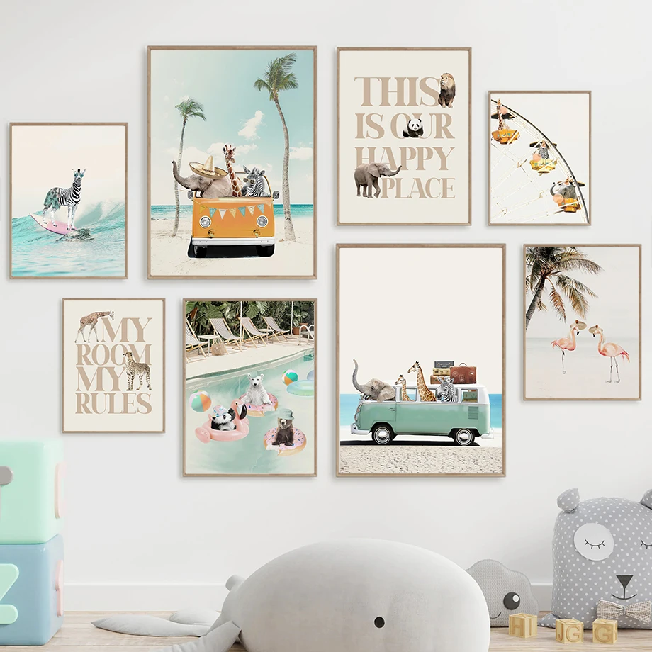 Пляжный жираф слон Зебра машина для серфинга настенная живопись холст