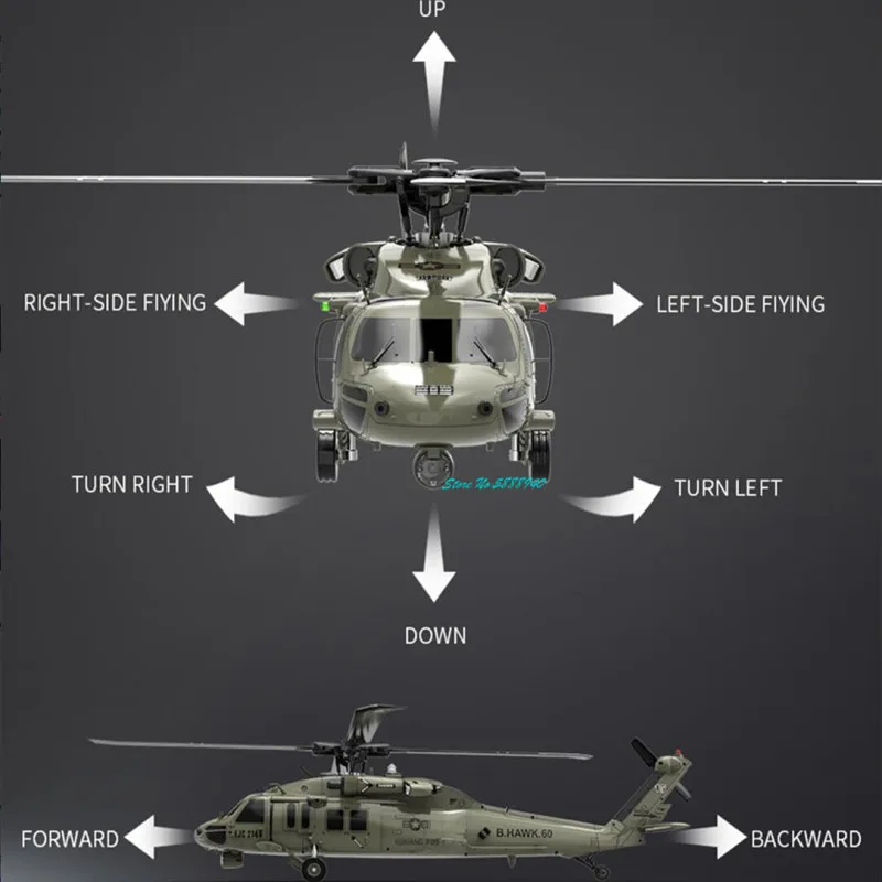 Фото Профессиональная радиоуправляемая модель вертолета UH60-Black Hawk 1:47, 6-канальный, безфлайбарный, аэробатический, с функциями 6G/3D, для выполнения трюков №4