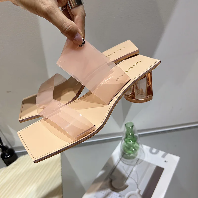 

2022 New PVC Transparent Jelly Women Slippers Fashion Crystal Clear High Heels Female Slides Summer Sandals Shoes