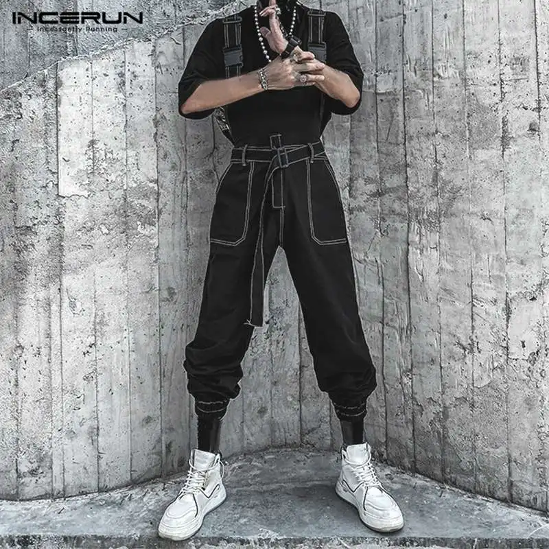 

Комбинезон INCERUN мужской с поясом, однотонный модный Ромпер без рукавов, на бретелях, свободного покроя, с карманами, 2022