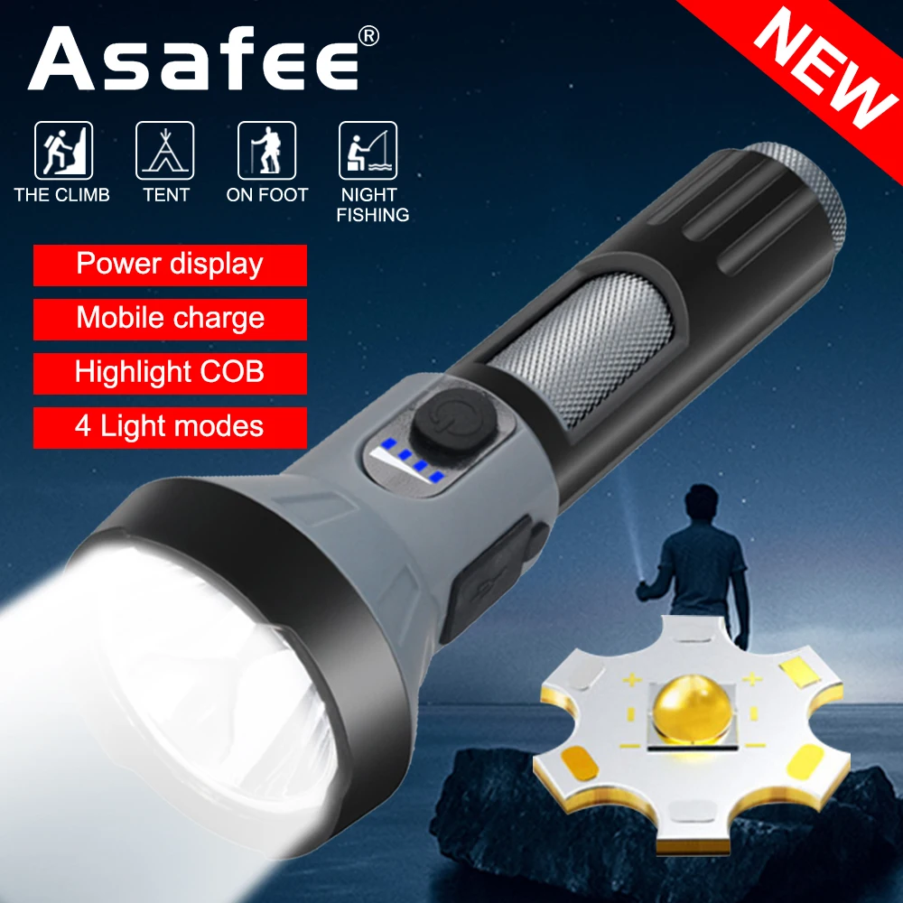 

Asafee CB-C90 High Power LED Flashlights Portable Type-C Rechargable As Power Bank With COB Side Light Waterproof IPX4 Torch