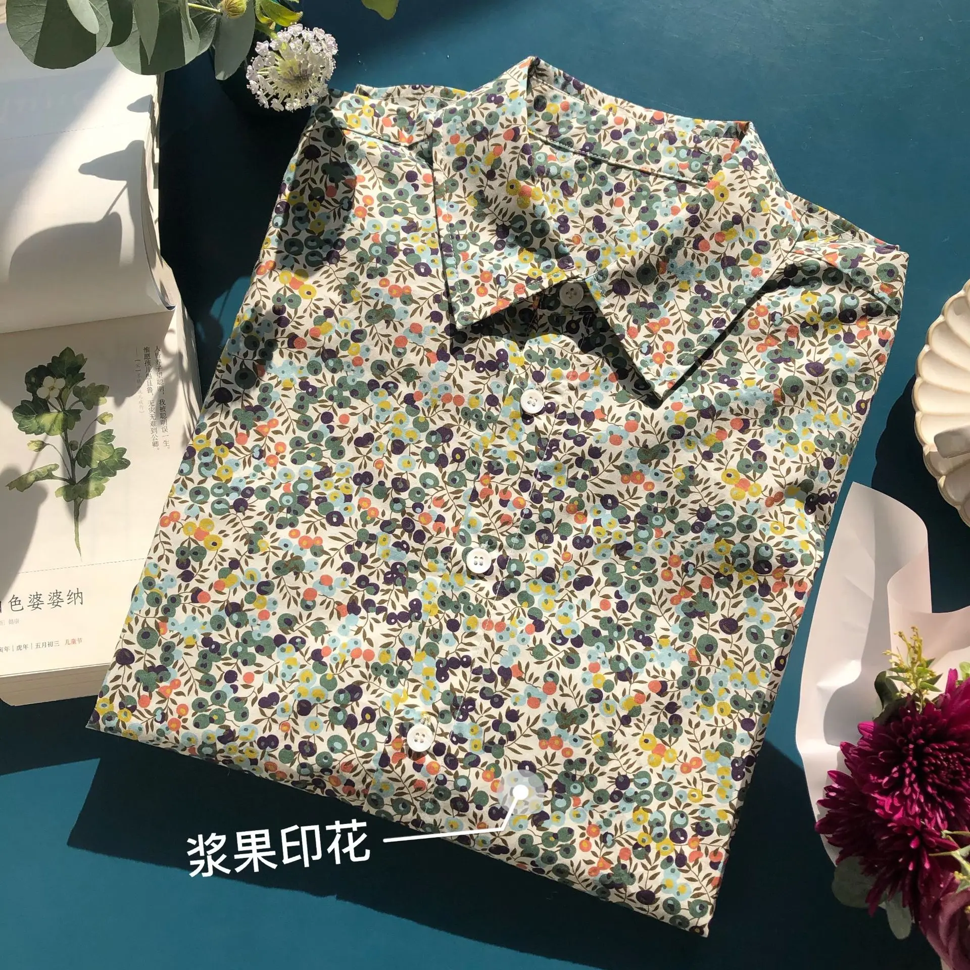 

Print 2022 Cotton Full Sleeve Shirt Women Blouse Print High Quality Turn-down Collar Prairie Chic Tunic with Long Sleeves
