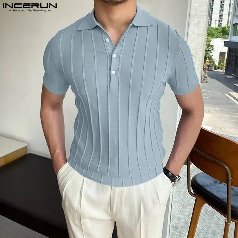

INCERUN Tops 2023 Korean Style New Men Well Fitting Striped Blouse Casual All-match Male Solid Lapel Short-sleeved Shirts S-5XL