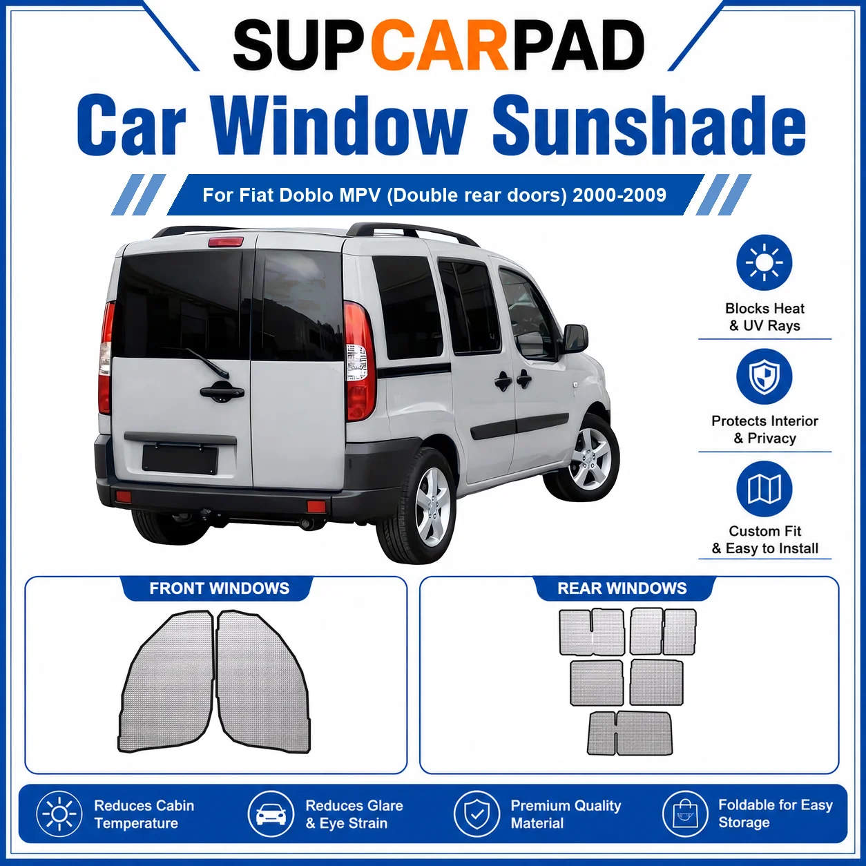 Фото Для Fiat - Fiat Doblo MPV (с двойными задними дверями) 2000-2009. Полный комплект солнцезащитных шторок для автомобильных окон, блокирующих УФ-излучение, обеспечивающих конфиденциальность, теплоизоляцию, складные. №1