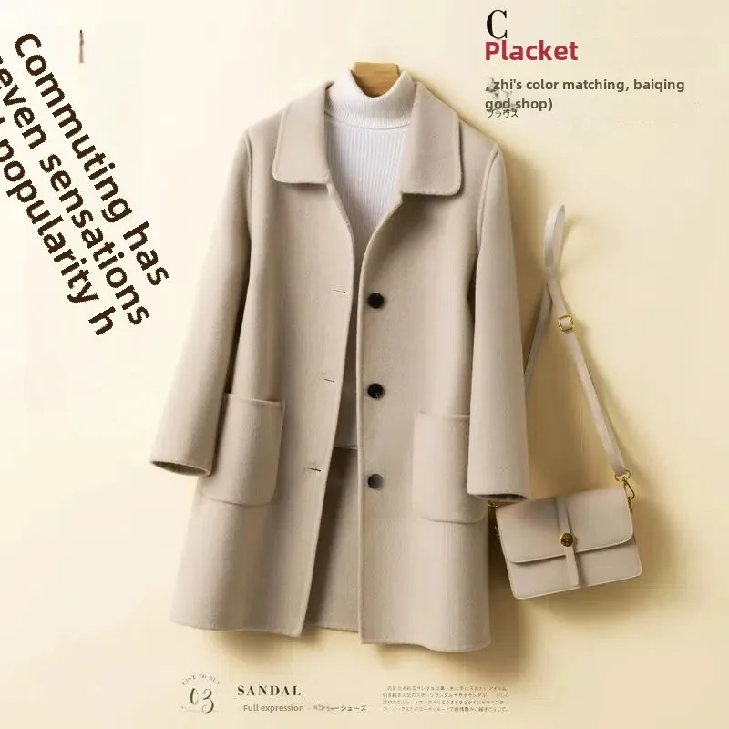 Женская шерстяная куртка средней длины Свободное пальто в Корейском стиле с