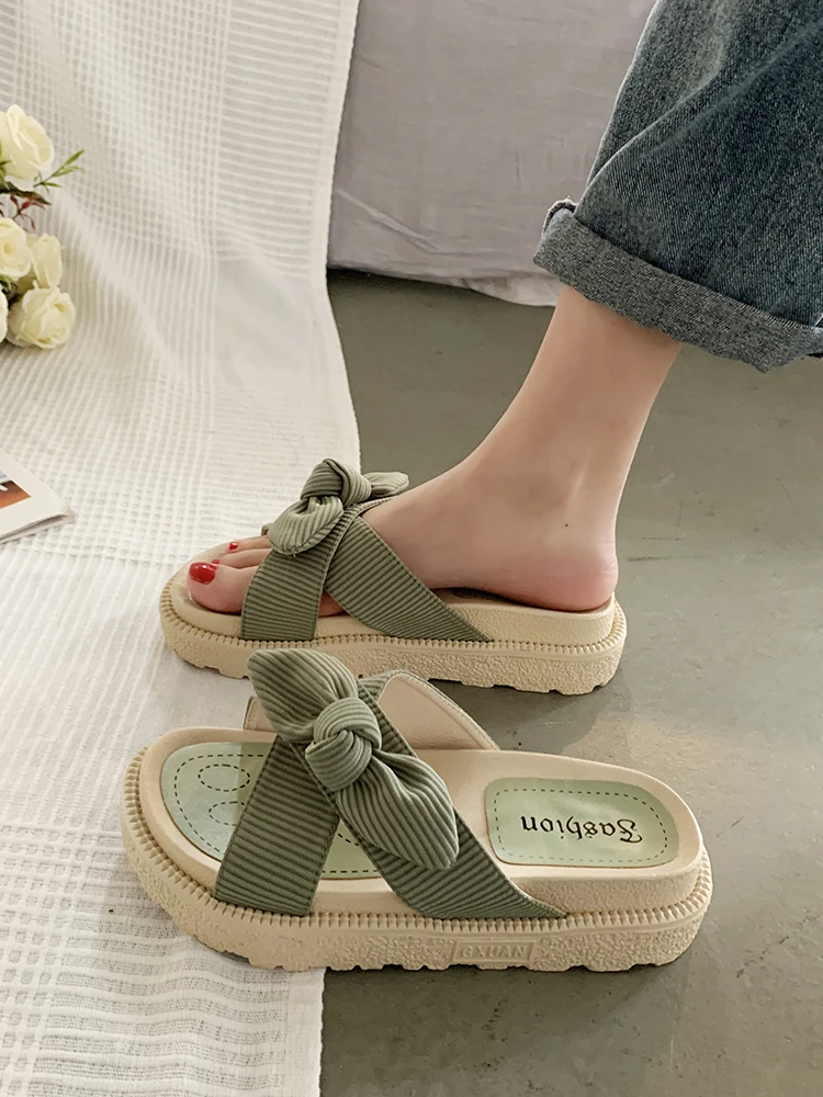 

Butterfly-Knot Med Female Shoes Slippers Casual Summer Clogs Woman Platform Slides 2023 Luxury Beach Soft Flat Rubber Butterfly-