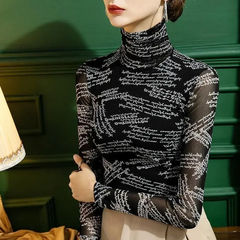 

Spring Autumn New Black High Neck Mesh Bottoming Shirt for Women's Slim Fit Letter Printed Tshirt Fashion Long Sleeve Top