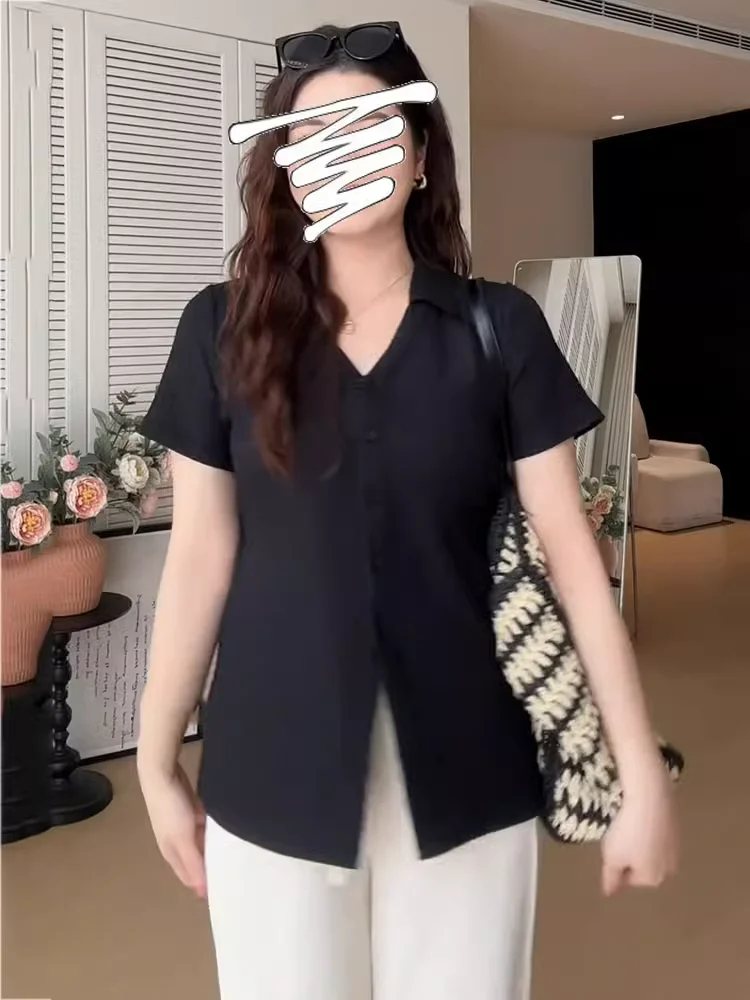 Plus size Black V-neck Shoulder Short sleeve T-shirt Women Summer New Chubby Girl Loose Belly Covering Hide Meat Slimming Shi... |