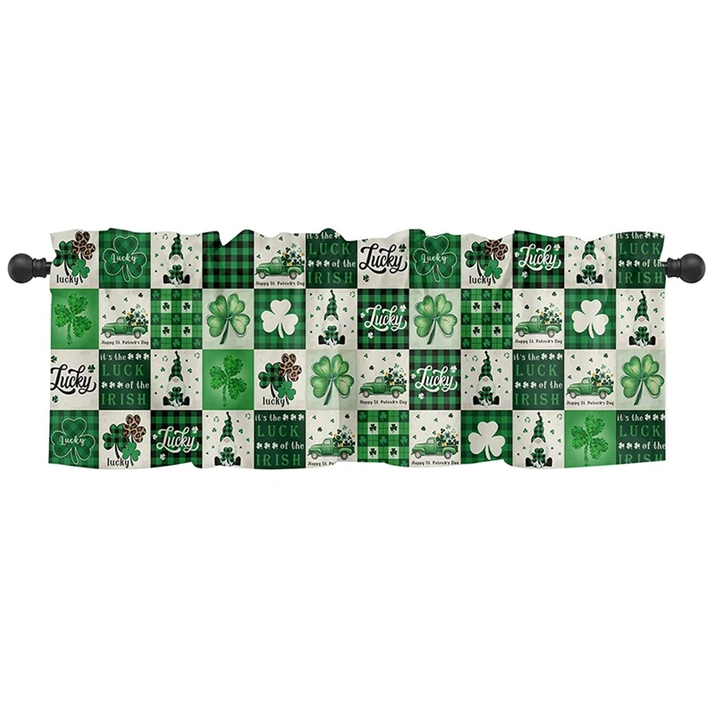 

St. Patrick's Day Valances For Windows Green Shamrock Gnome Truck Plaid Valance Curtains, 1 Panel Lucky Irish Valances
