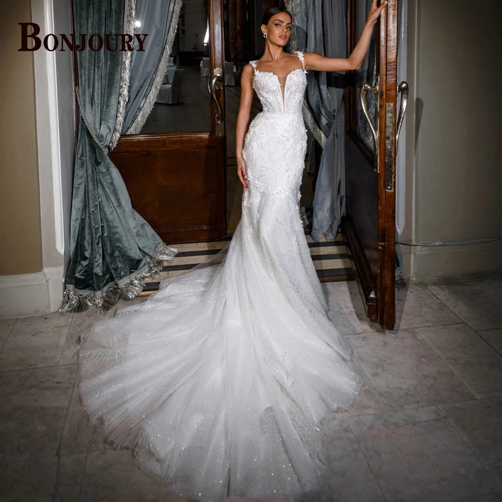 

Женское свадебное платье BONJOURY, роскошное блестящее Тюлевое платье на тонких бретельках, свадебное платье с аппликацией «русалка», индивидуальный пошив