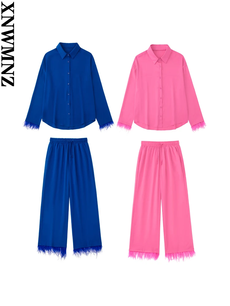 

XNWMNZ 2022, женская мода, однотонная рубашка с перьями, рубашка с длинным рукавом или эластичные брюки с высокой талией, офисные женские шикарны...