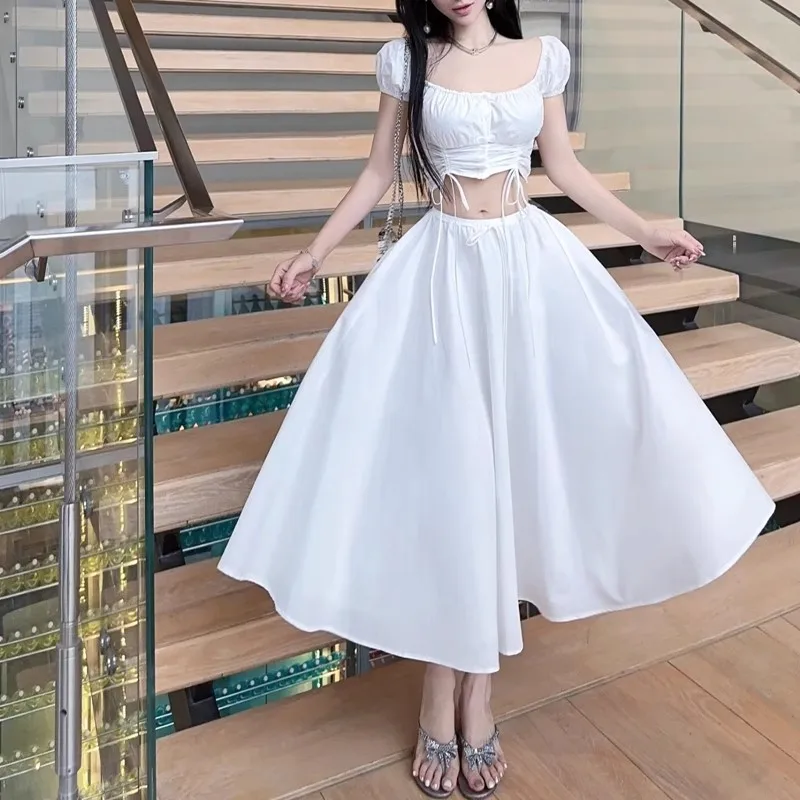 

Pretty White Skirt Set Women 2023 Summer Bubble Sleeve Leaky Navel Top + High Waist Midi A-Line Skirt Fairy Elegant 2 Piece Set