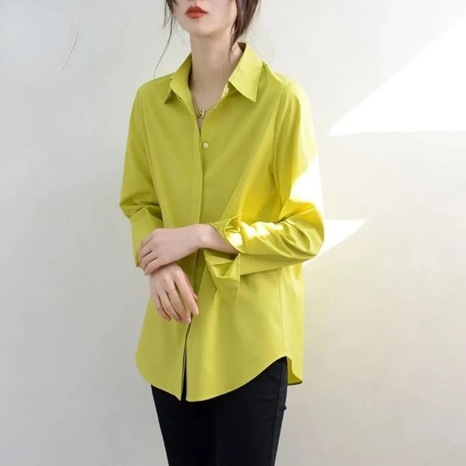 

Блузка женская однотонная на пуговицах, с длинным рукавом, F241