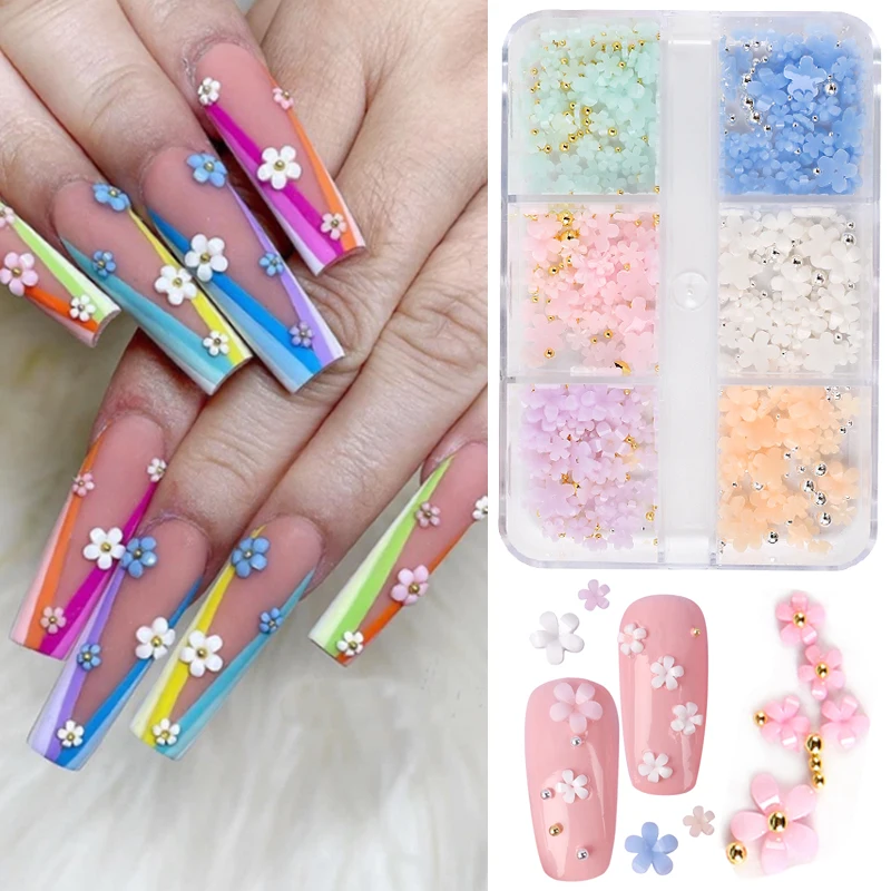 

6 Grids 3D White Acrylic Flower Color-Changed Nail Parts Mixed Steel Beads Charms Design Nail Art Decoration Jewelry Accessories