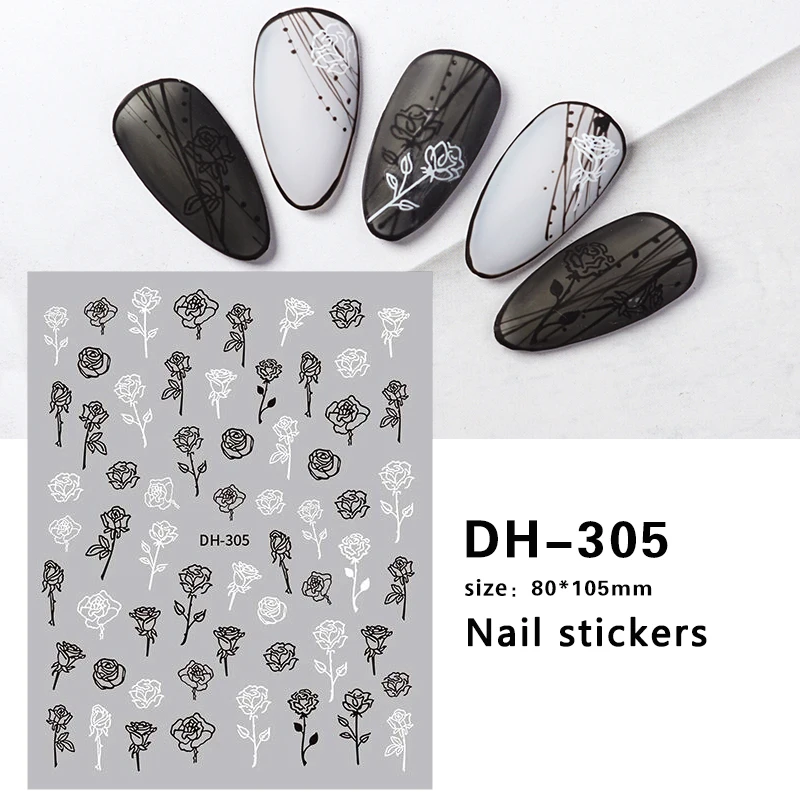 10PCS Abstract Black and White 3D Adhesive Nail Art Stickers Flower Butterfly Portrait Nail Slider Tree Rose Designer DIY Decal