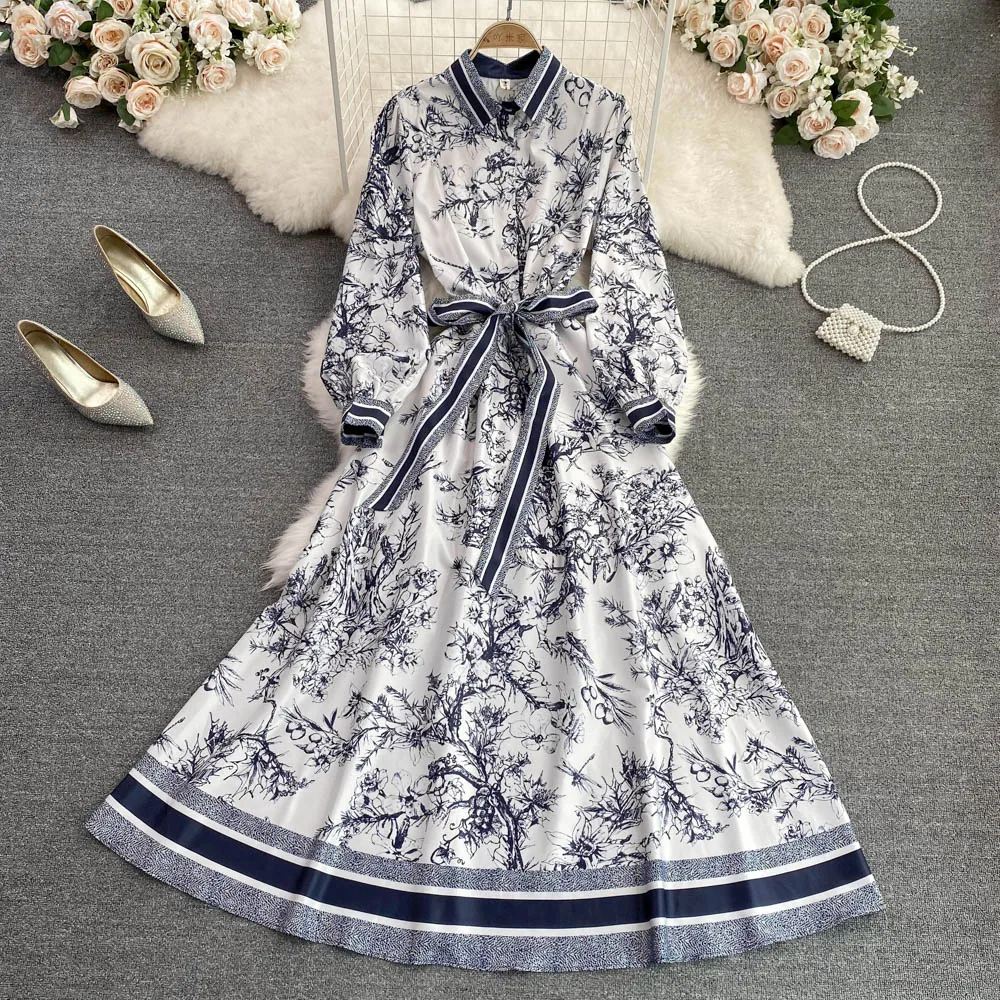 

Spring and autumn new runway dress lapel a-line dress high-quality single-breasted luxury long dress