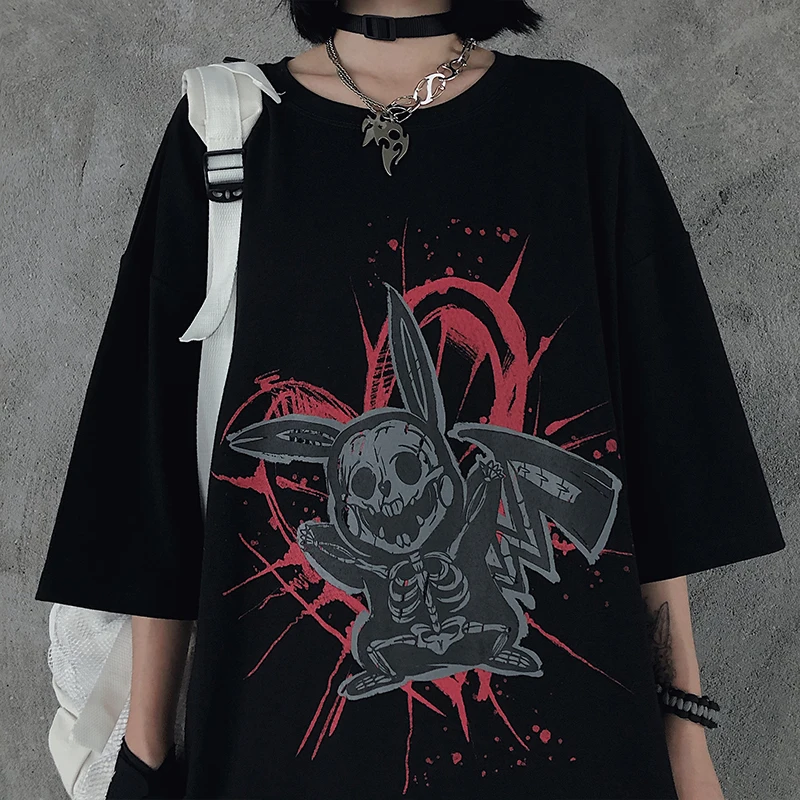 

Vrouwen T-shirt Vintage Cartoon Print Korte Mouw Tops Streetwear Harajuku Punk Zomer Losse Skelet O-hals Cool Y2k Kleding