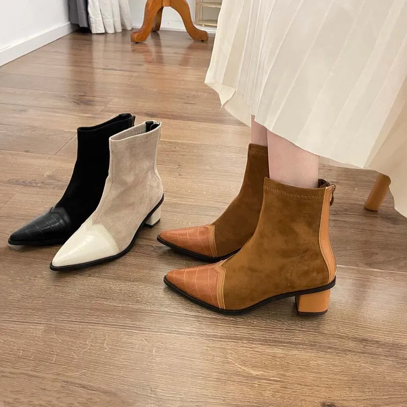 

Женские Стрейчевые Ботинки Челси с острым носком, черные, коричневые, Бежевые ботинки на толстом среднем каблуке с молнией сзади, зимняя обу...