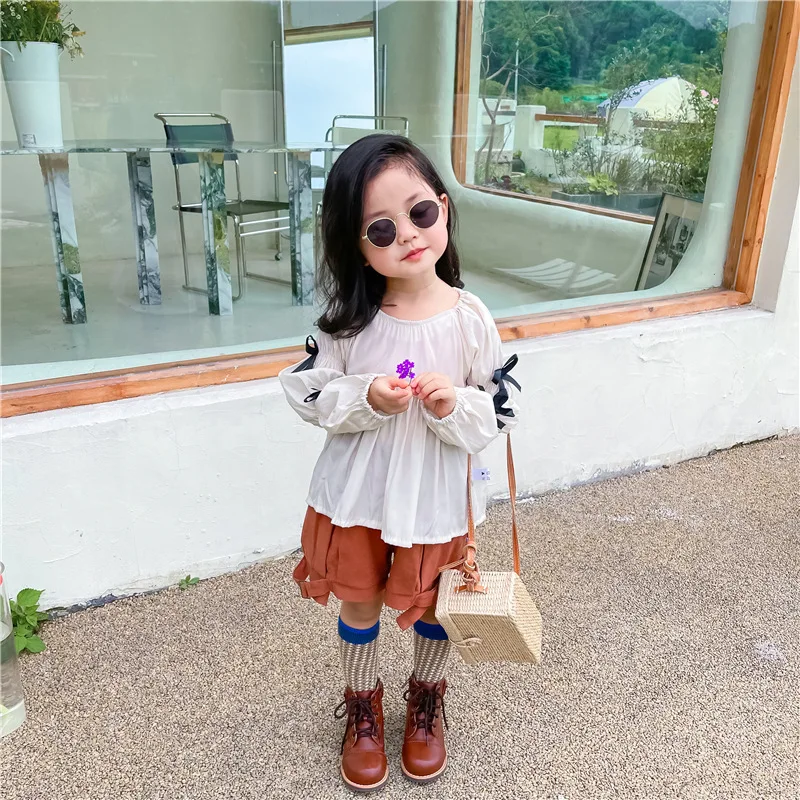 

Детская одежда на весну и осень, шифоновая рубашка в корейском ретро стиле для девочек с бантом и пышными рукавами, Детская Повседневная руб...