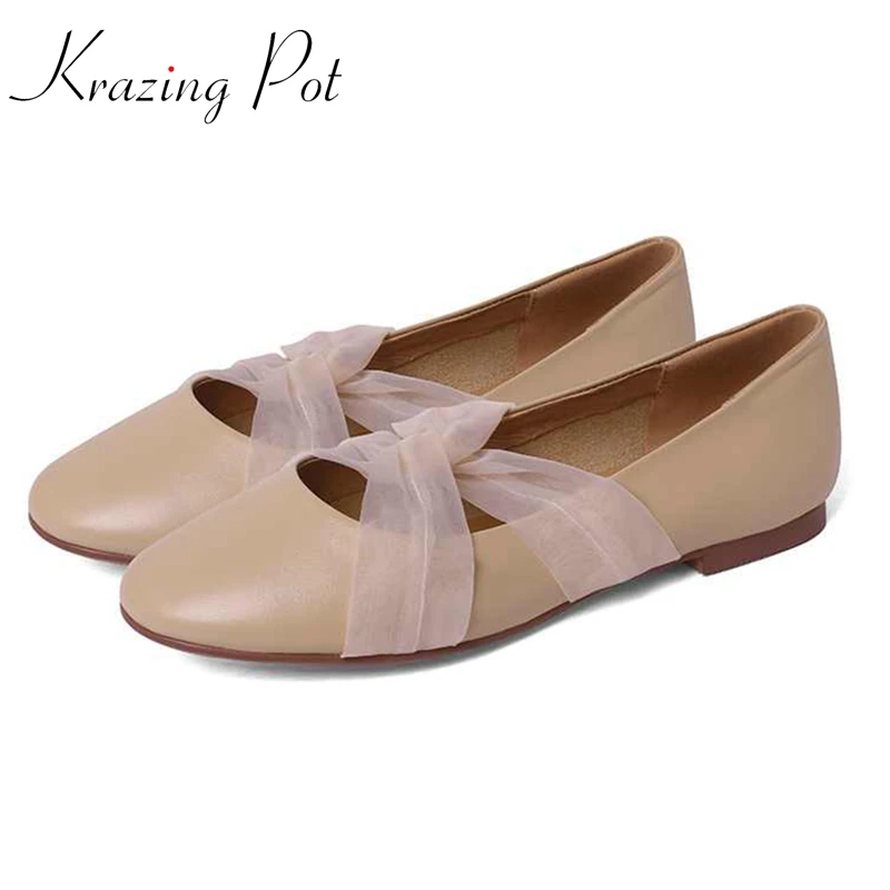 

Krazing Pot Genuine Leather Round Toe Brand Shoes Fairy Style Beauty Girls Dating Sweet Fashion Shallow Slip on Women Flats L20