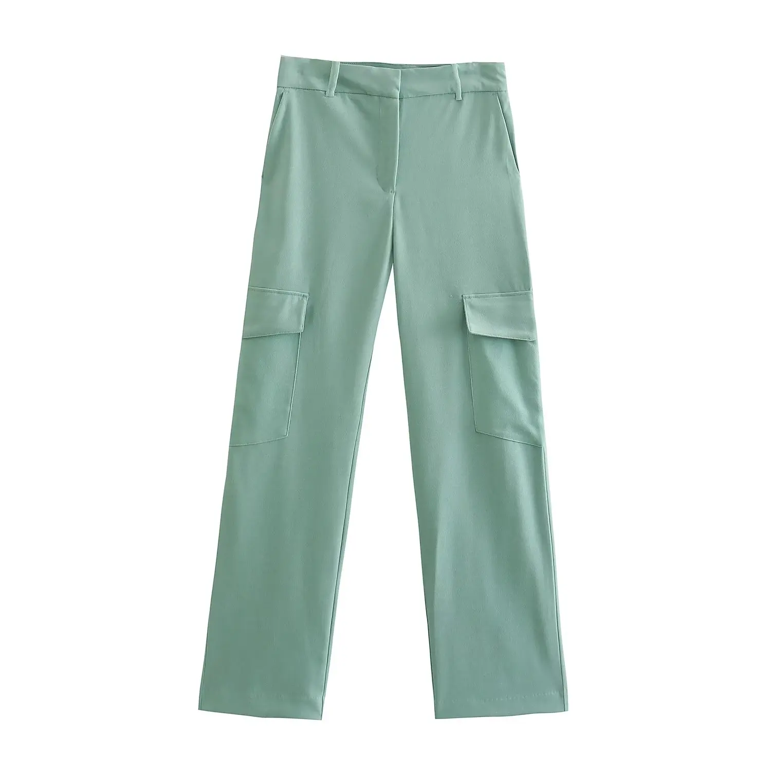

Women 2023 New Chic Fashion Spring Green Soft Tooling Pants Vintage HighWaist Side Pockets Female Trousers Mujer