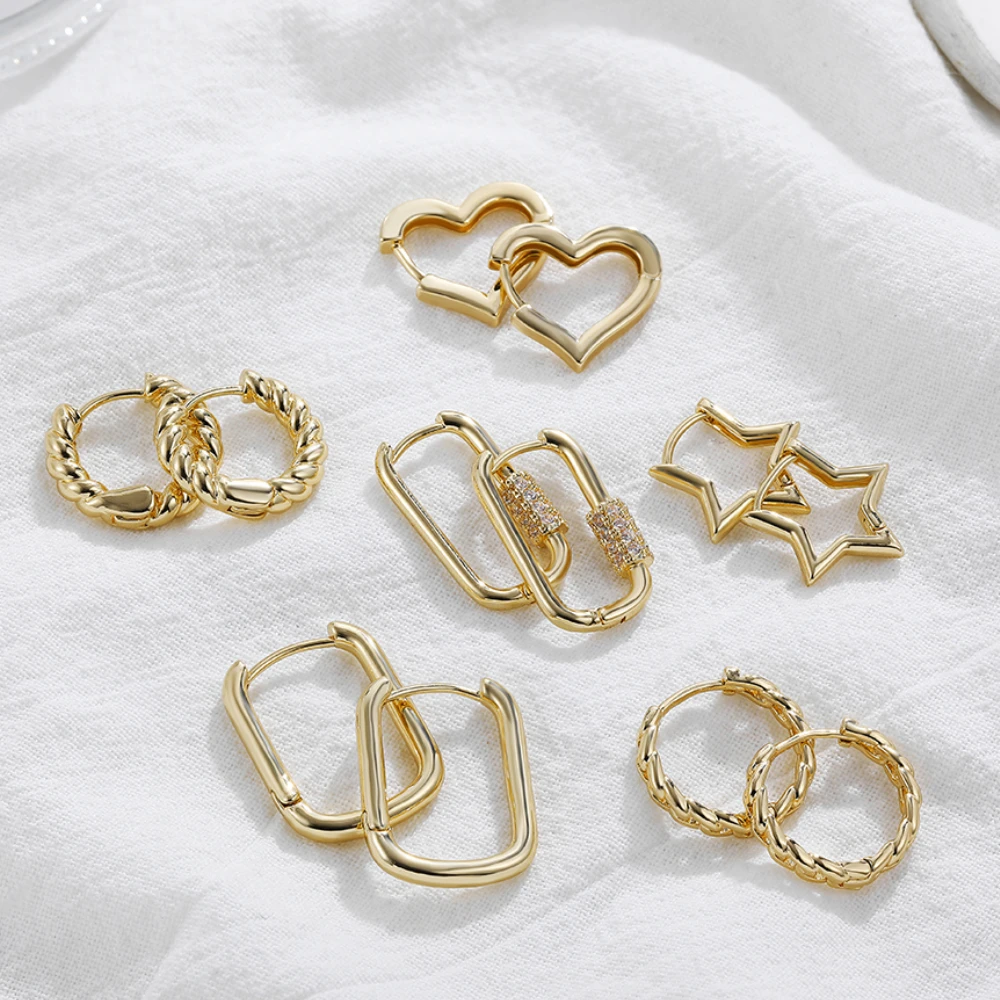 

3pairs Small Geometric Star Heart Hoop Earrings Set for Women Gold Color Twist Chain Huggies Ear Buckle Statement Jewelry