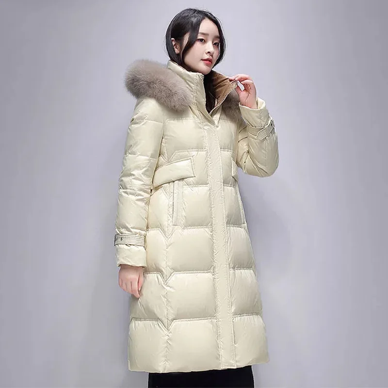 High-End Down Jacket Women Winter 2022 Detachable Hat Long Real Fox Fur Collar Parkas White Duck Down Quality Warm Coat Female