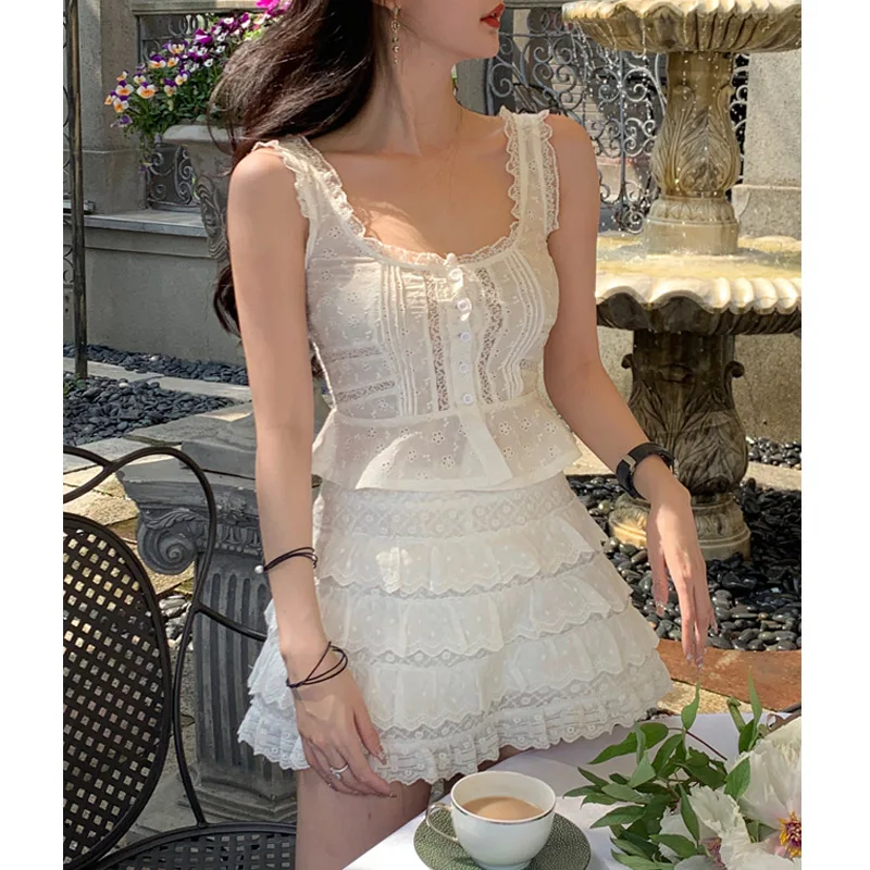 

Sweet Korean Lolita Two-Piece Set Women Suit Elegant Summer Lace Casual Sexy Party Mini Skirt Suit White Tanks + Cute Cake Skirt