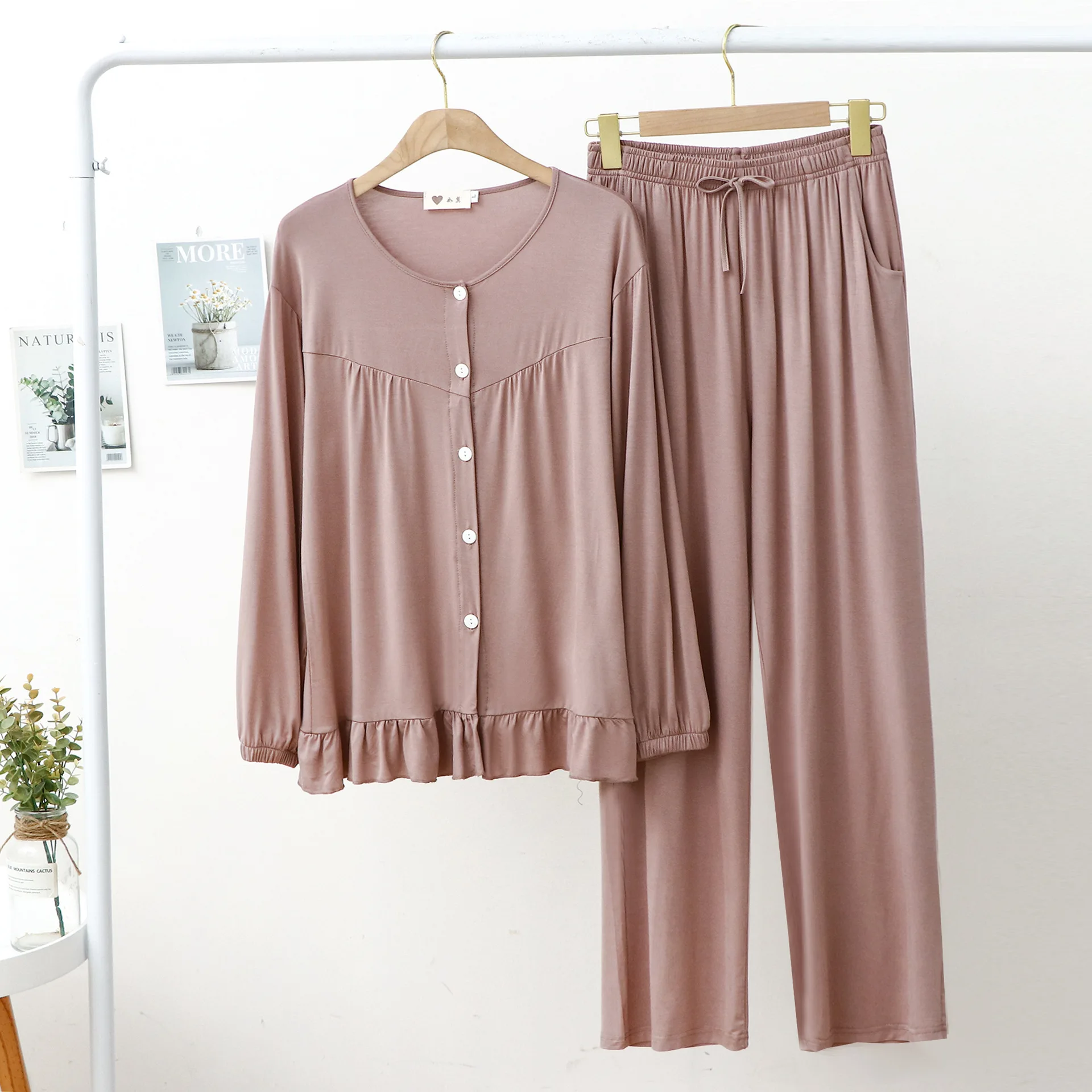 Modal Tracksuit Pajamas Women Breasted Pleated Long Sleeve Trousers Sexy Two Piece Set Solid Color Soft Good Drape Casual Outfit