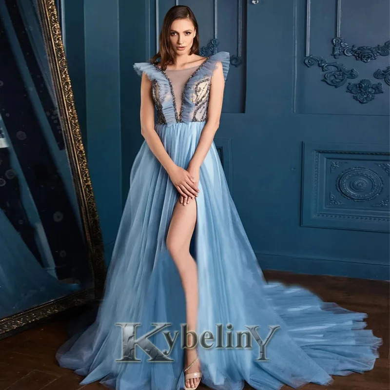 

Kybeliny Blue Slit Evening Dresses Aline SCOOP Tulle Prom Robe De Soiree Graduation Celebrity Vestidos Fiesta Women Formal