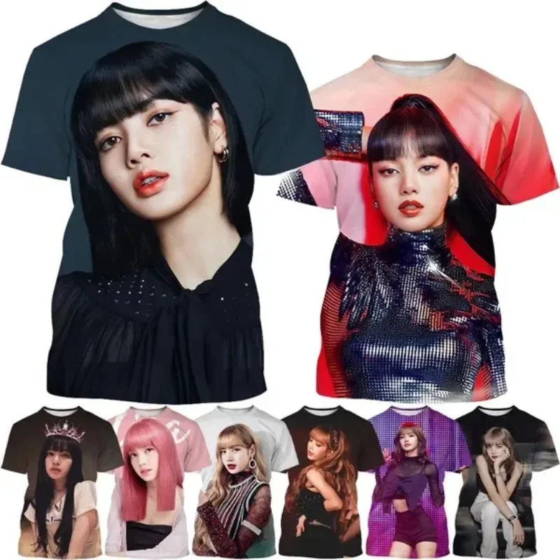 

Kpop Korea Lisa 3D T-shirt Pop Music Combination Lisa Printing T-shirt Hip-hop Street Style Cosplay Men's Clothing Short-sleeved