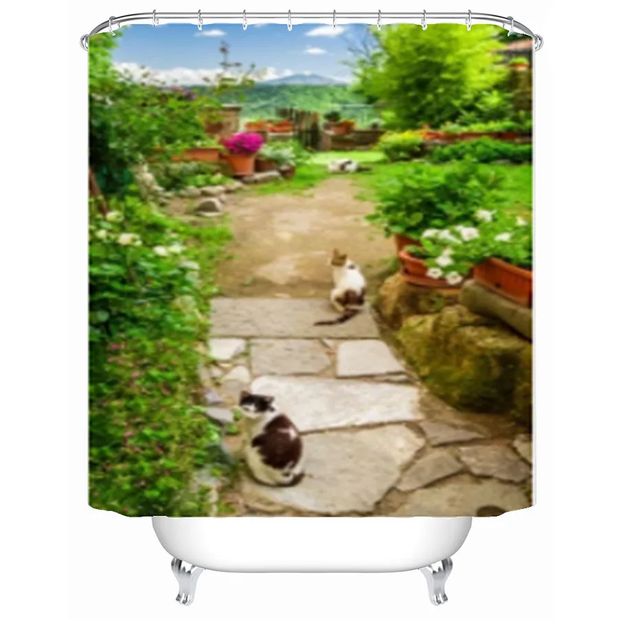 

Cats In Ancient Garden Decor Curtain Italian Garden Landscape Printing Shower Curtain Cloth Fabric Bathroom Decor Set With Hooks