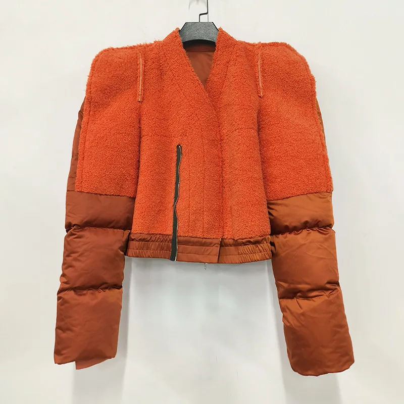 

Autumn Winter Plush Patchwork Fashion Zipper Short Down Coat Women